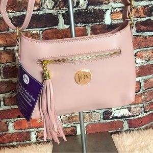 NWT Joy Mangano Cranberry Leather Crossbody Bag with RFID Protection